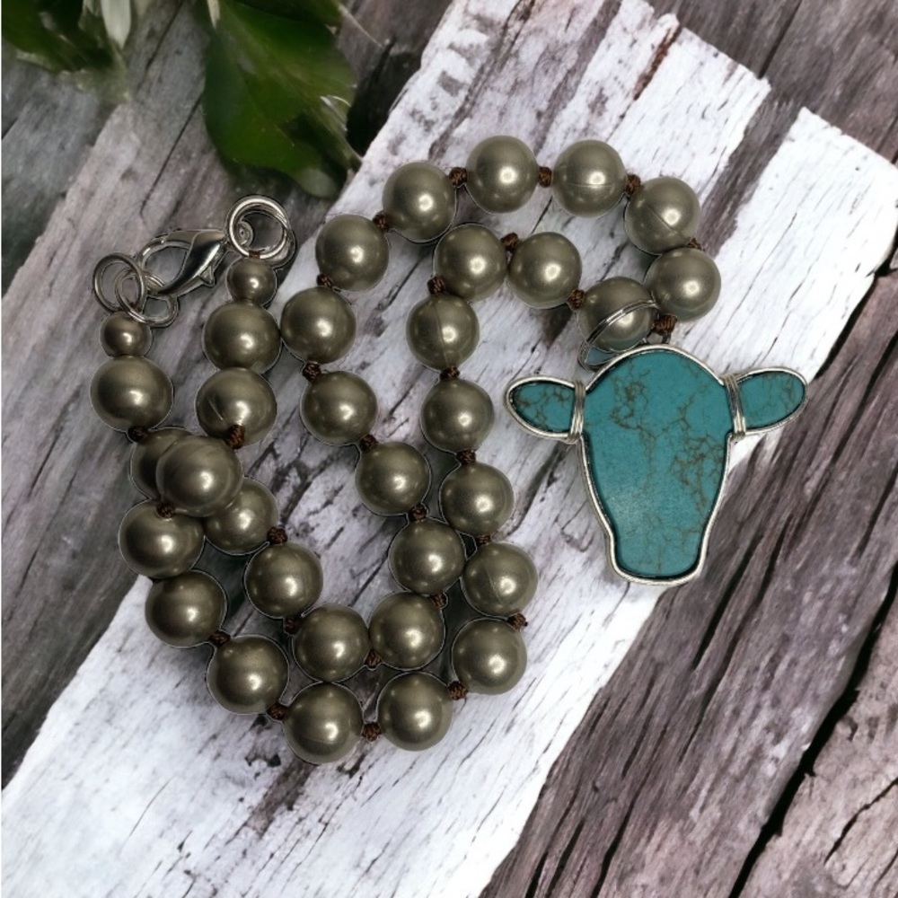 Howlite Blue Cow Head Necklace with Silver Wire Wrap on Chunky Mixed Metal Chain